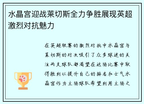 水晶宫迎战莱切斯全力争胜展现英超激烈对抗魅力