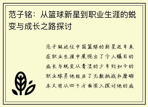 范子铭：从篮球新星到职业生涯的蜕变与成长之路探讨